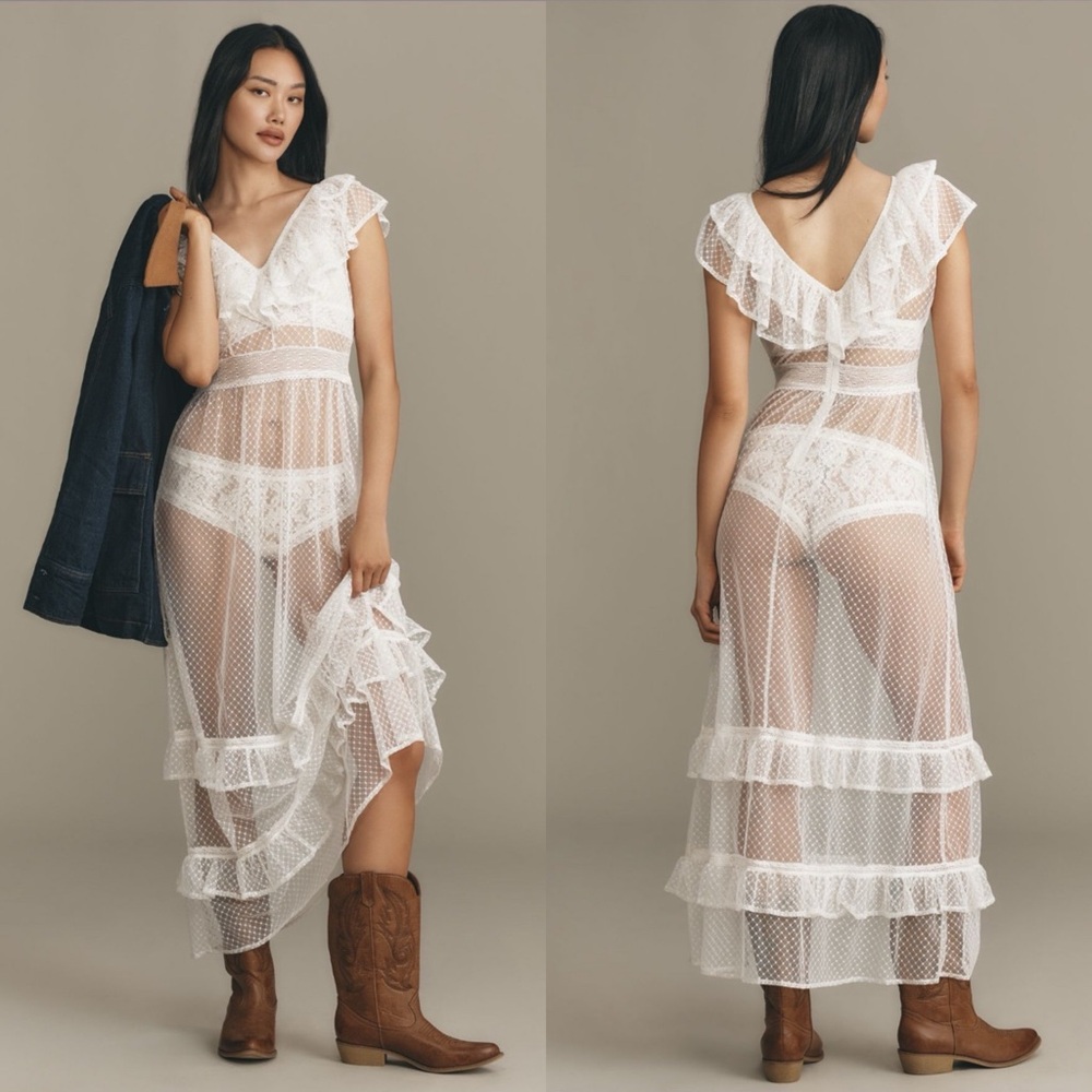 Anthropologie white lace maxi dress with ruffles